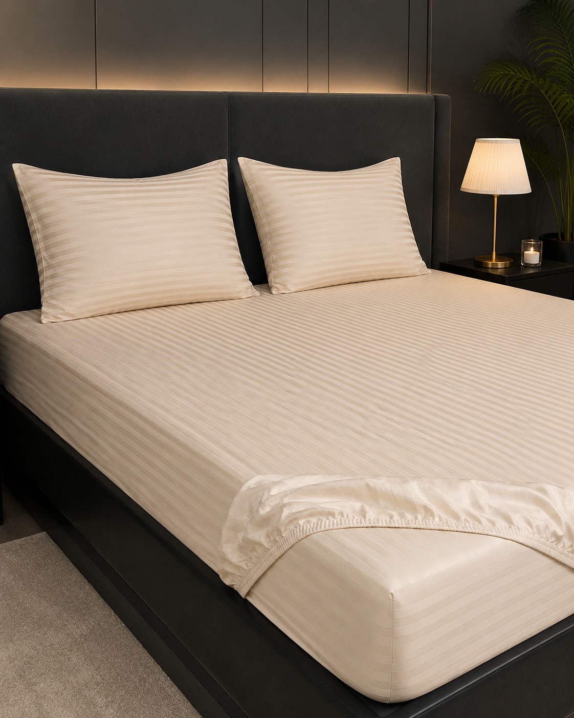 beige striped fitted sheets